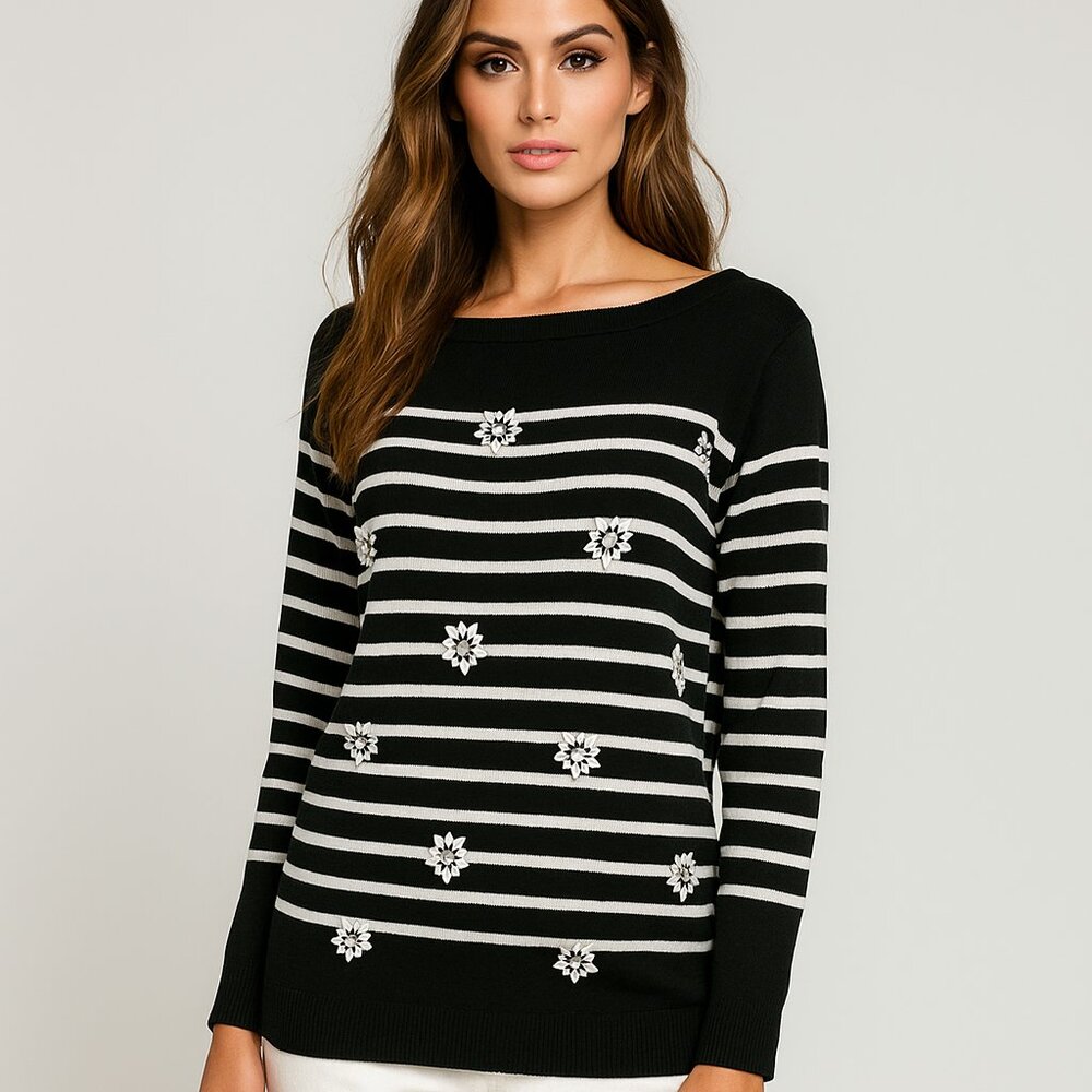 LOFT BLACK & WHITE STRIPED CRYSTAL FRONT CAREER CLASSIC THIN SWEATER SZ: S NWT